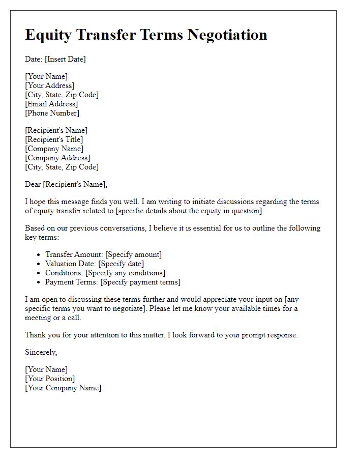 Letter template of equity transfer terms negotiation