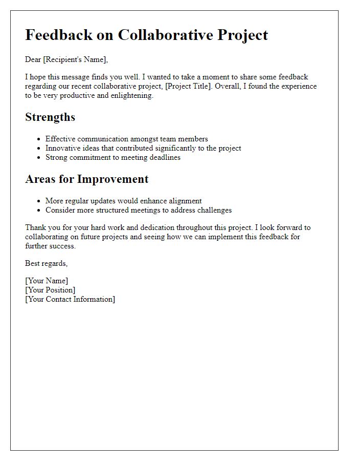 Letter template of collaborative project feedback