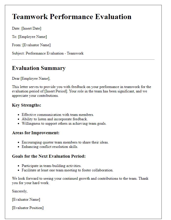 Letter template of teamwork performance evaluation