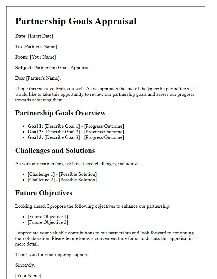 Letter template of partnership goals appraisal.