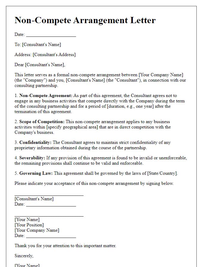 Letter template of Non-Compete Arrangement for Consulting Partnerships