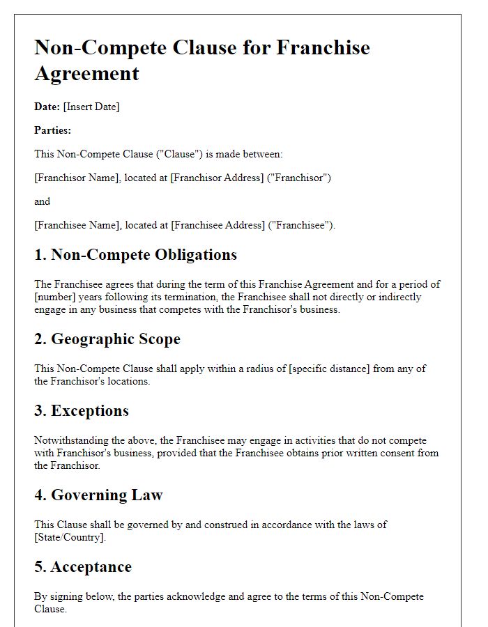 Letter template of Non-Compete Clause for Franchise Agreements