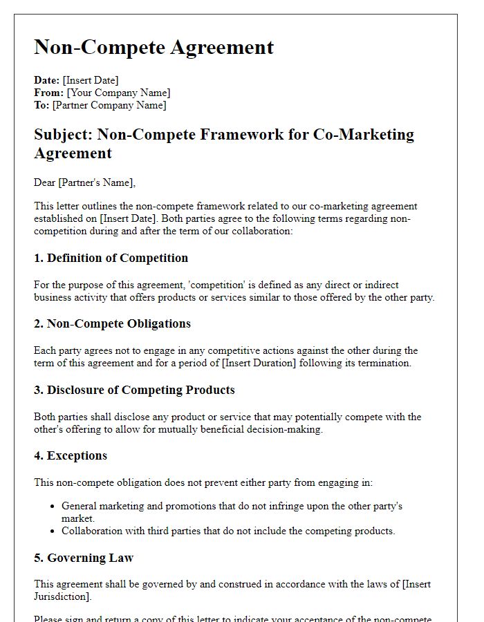 Letter template of Non-Compete Framework for Co-Marketing Agreements