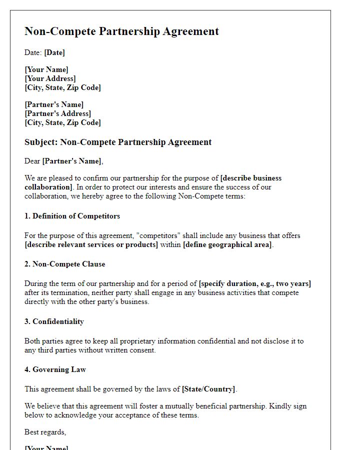 Letter template of Non-Compete Partnership Agreement for Business Collaboration