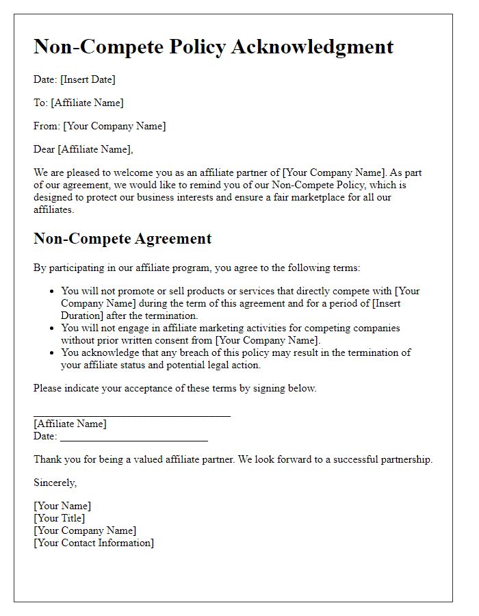 Letter template of Non-Compete Policy for Affiliate Programs