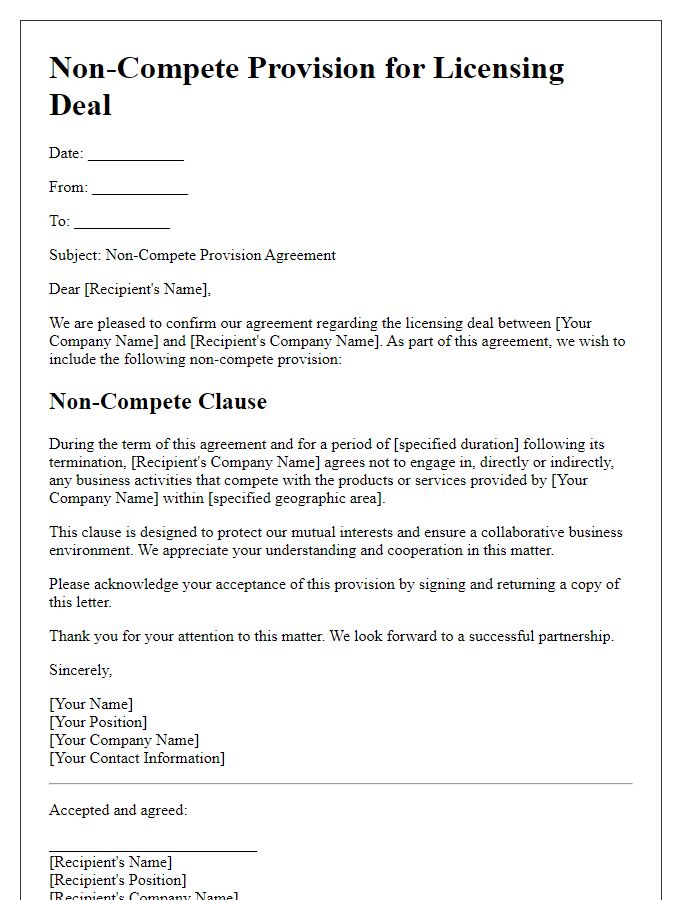 Letter template of Non-Compete Provision for Licensing Deals