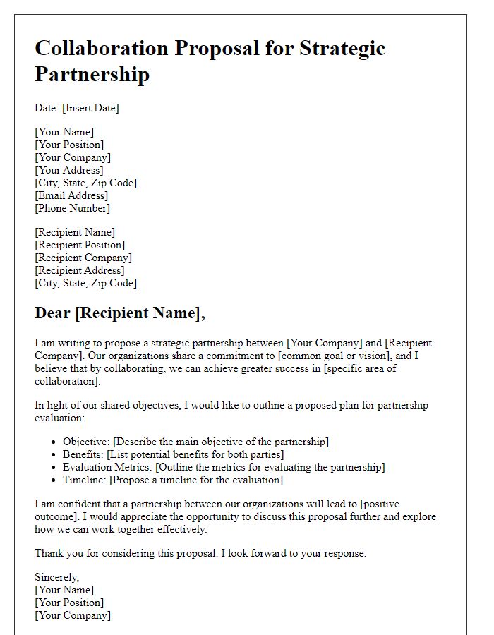 Letter template of collaboration proposal for strategic partnership evaluation