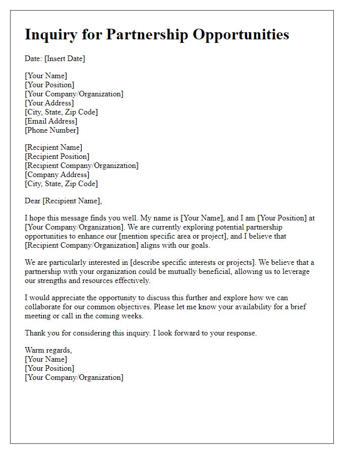 Letter template of inquiry for partnership opportunities assessment