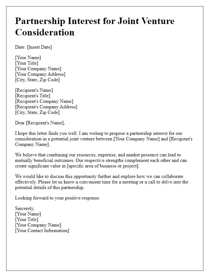 Letter template of partnership interest for joint venture consideration