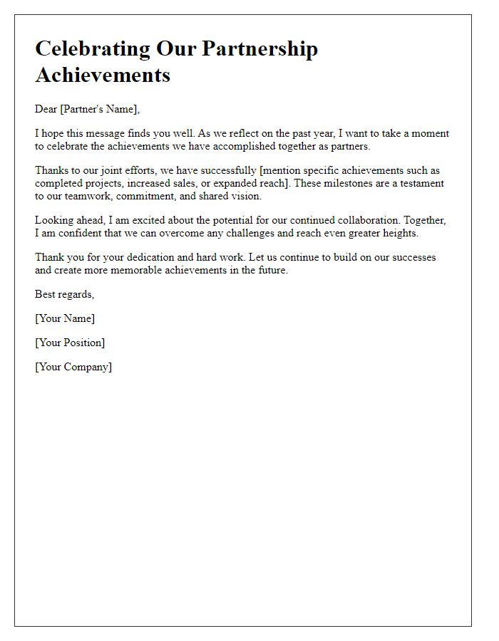 Letter template of celebrating partnership achievements.