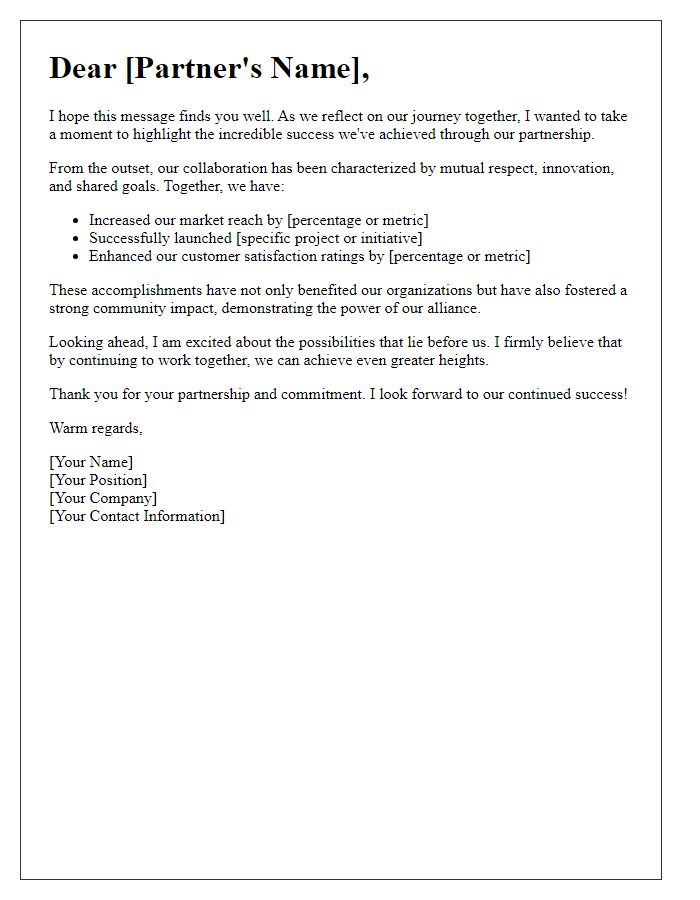 Letter template of highlighting successful partnership journey.