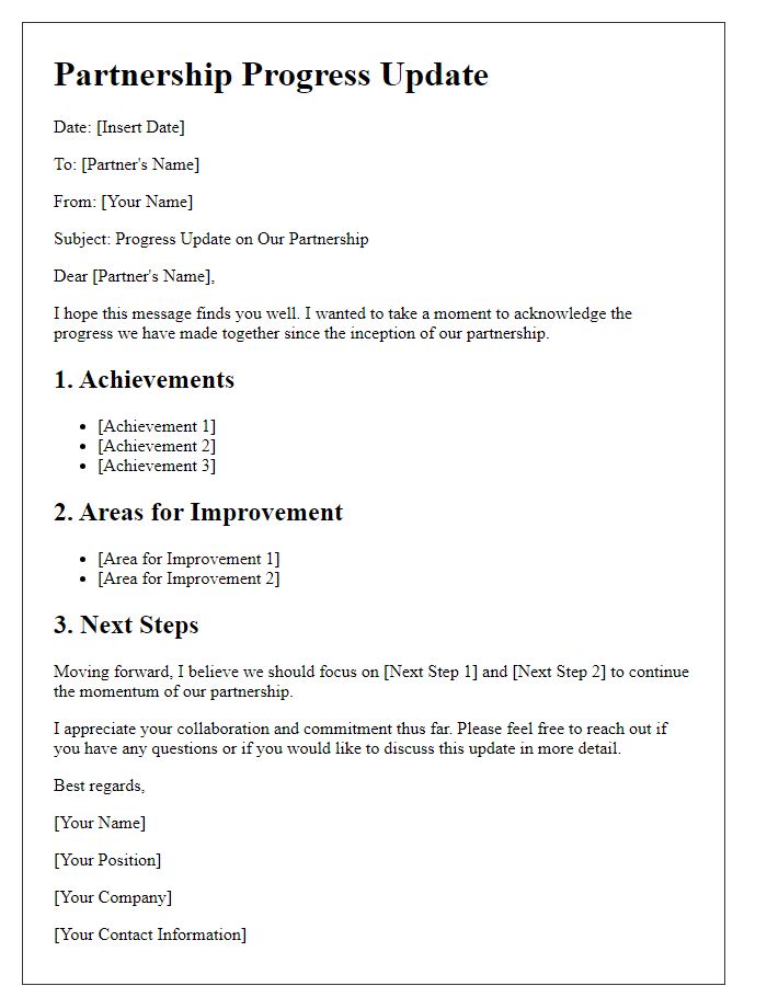 Letter template of marking partnership progress.