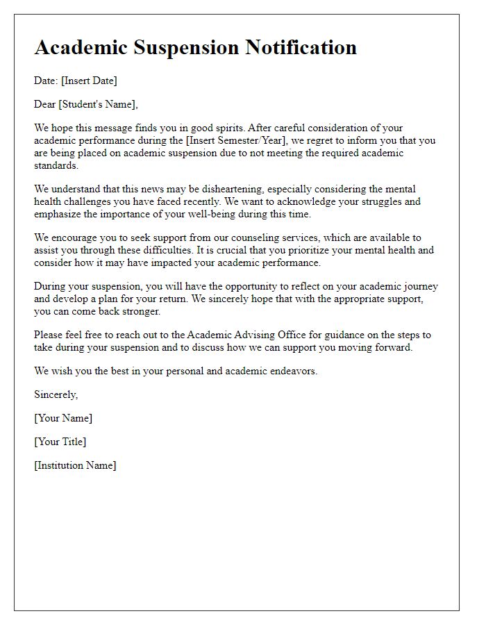 Letter template of academic suspension addressing mental health concerns.