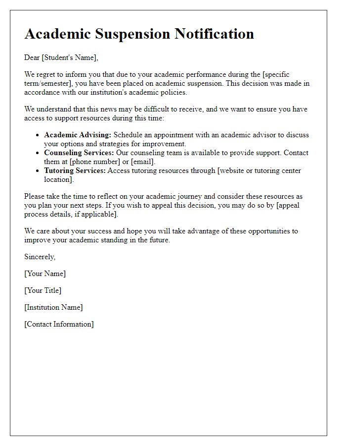 Letter template of academic suspension with support resources provided.