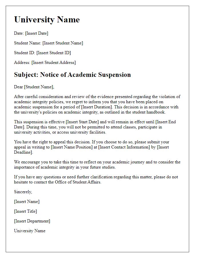 Letter template of academic suspension for violation of academic integrity.