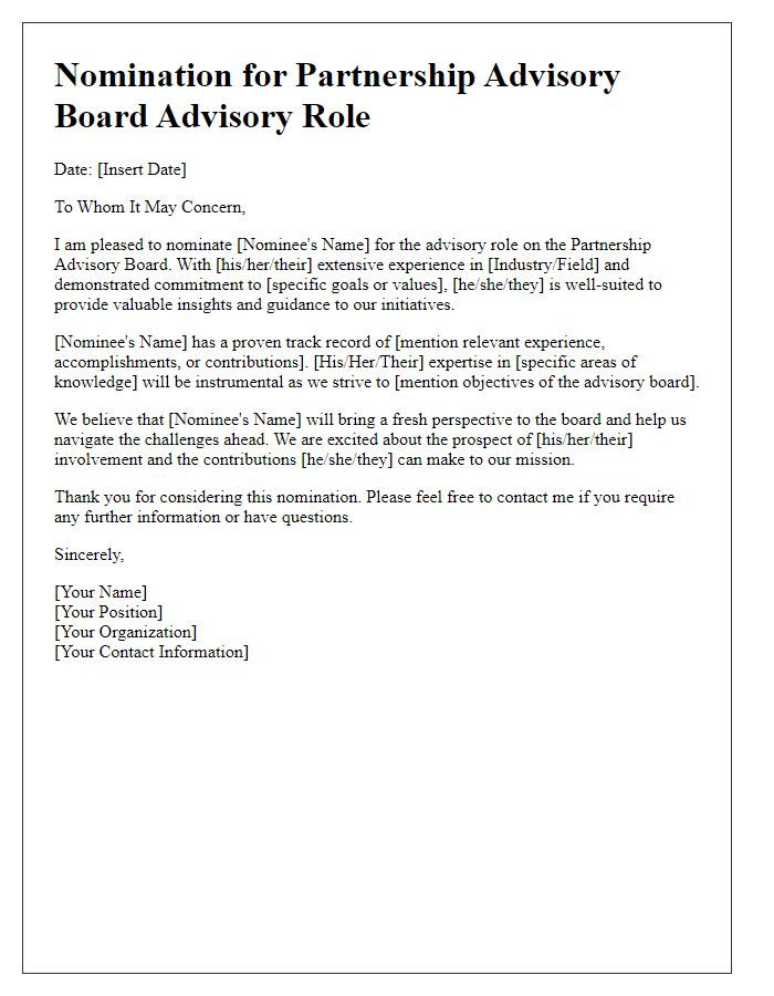 Letter template of partnership advisory board advisory role nomination