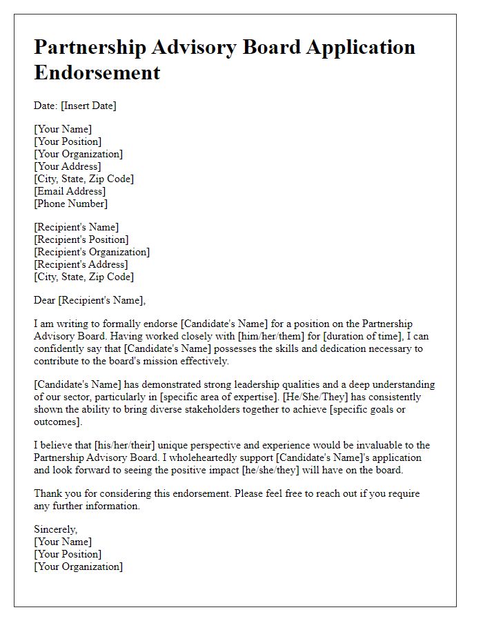 Letter template of partnership advisory board application endorsement