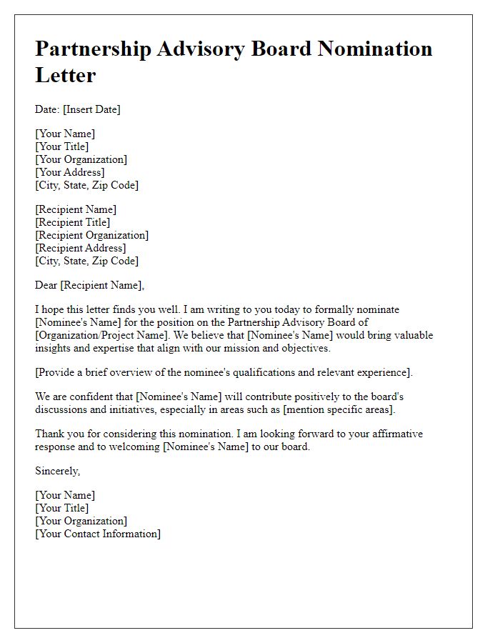 Letter template of partnership advisory board nomination letter