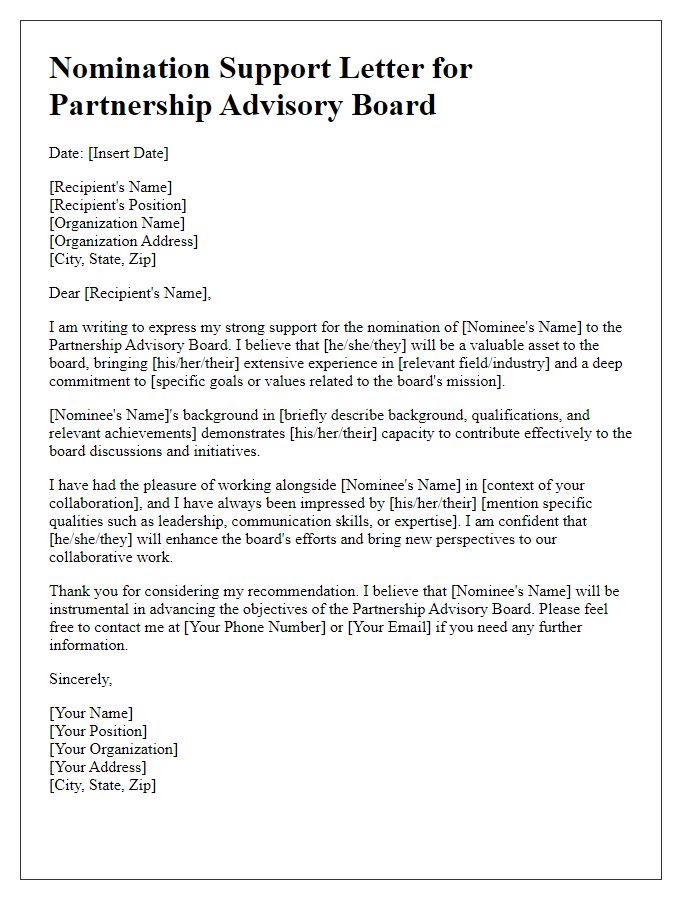 Letter template of partnership advisory board nomination support