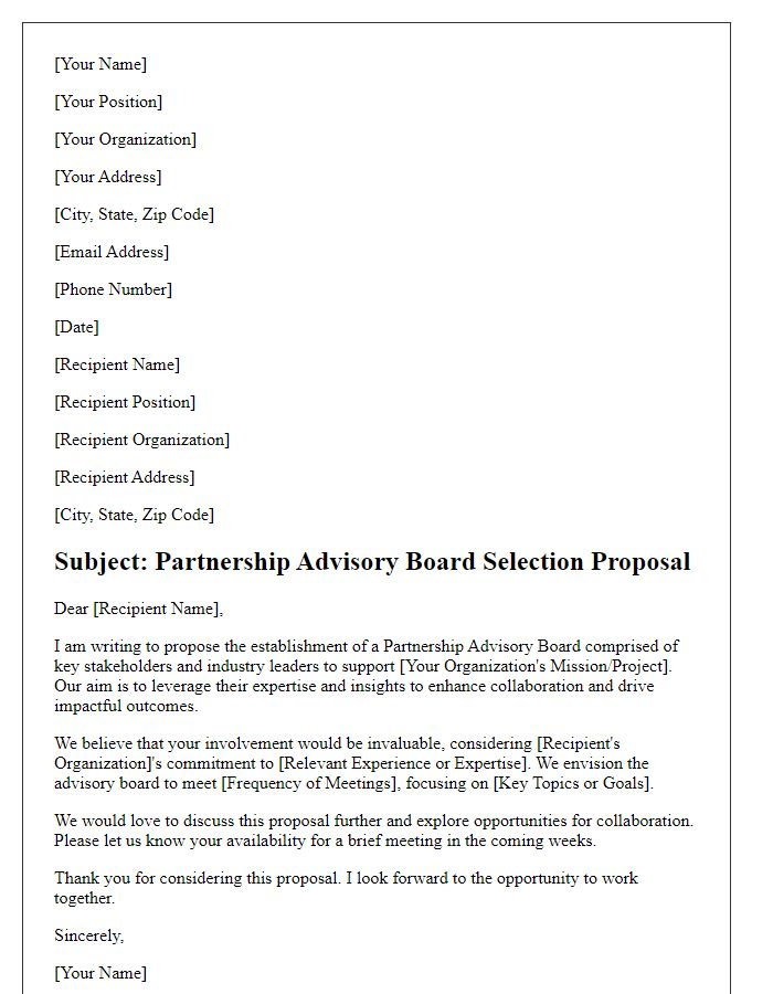 Letter template of partnership advisory board selection proposal