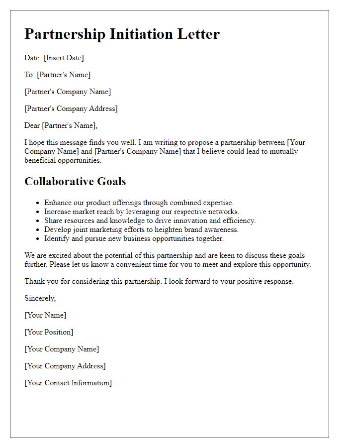 Letter template of partnership initiation outlining collaborative goals.