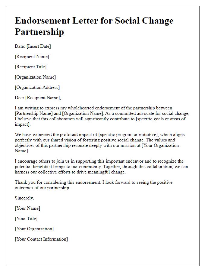 Letter template of endorsement for social change partnerships