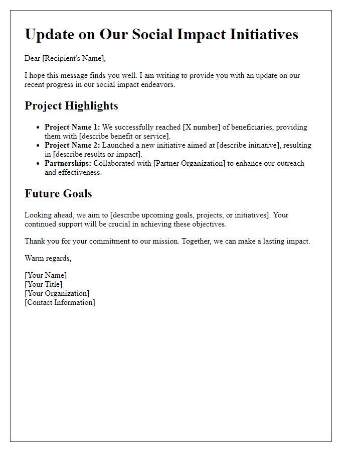 Letter template of update on progress in social impact endeavors