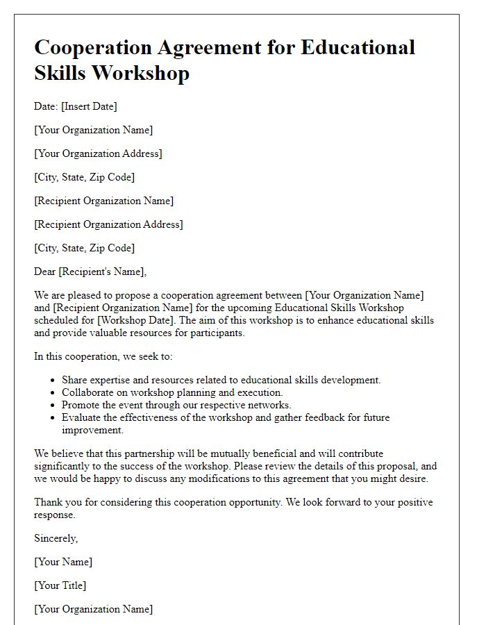 Letter template of cooperation agreement for educational skills workshop