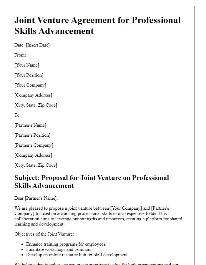 Letter template of joint venture for professional skills advancement