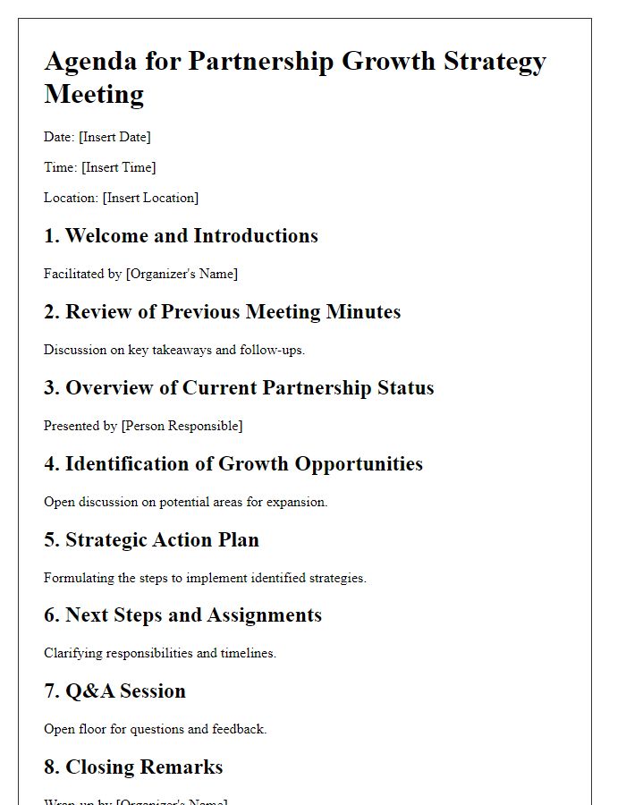 Letter template of agenda for partnership growth strategy meeting.