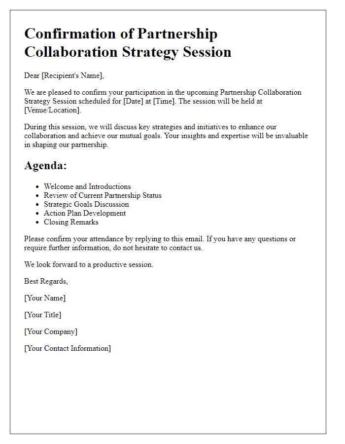 Letter template of confirmation for partnership collaboration strategy session.