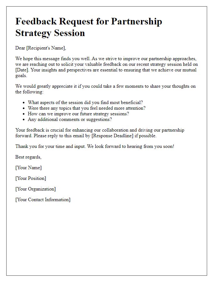 Letter template of feedback solicitation for partnership strategy session.