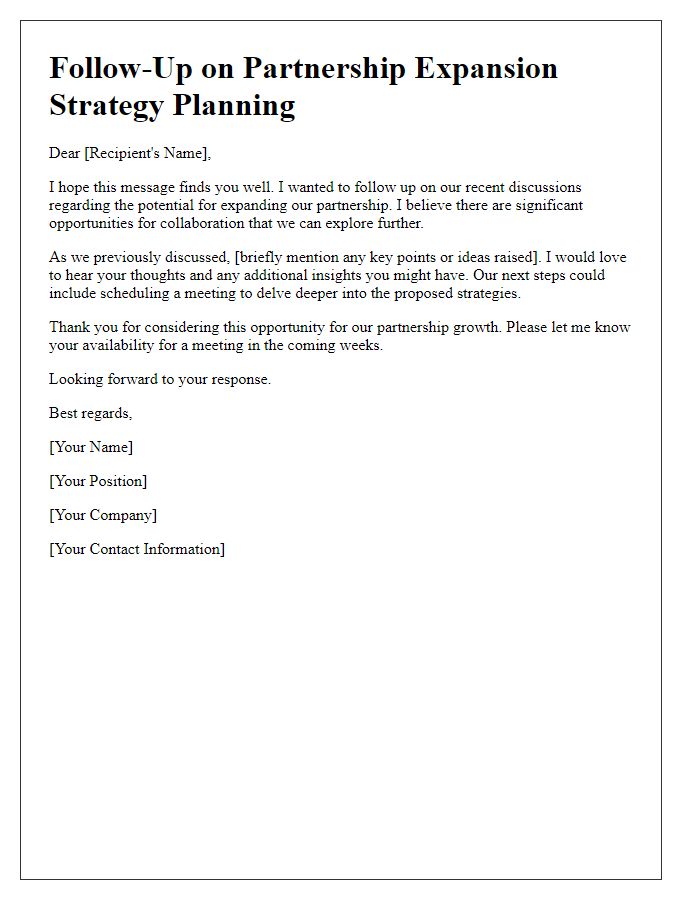 Letter template of follow-up for partnership expansion strategy planning.