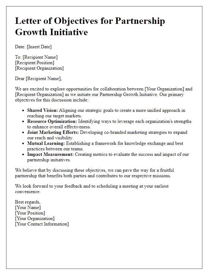 Letter template of objectives for partnership growth initiative discussion.