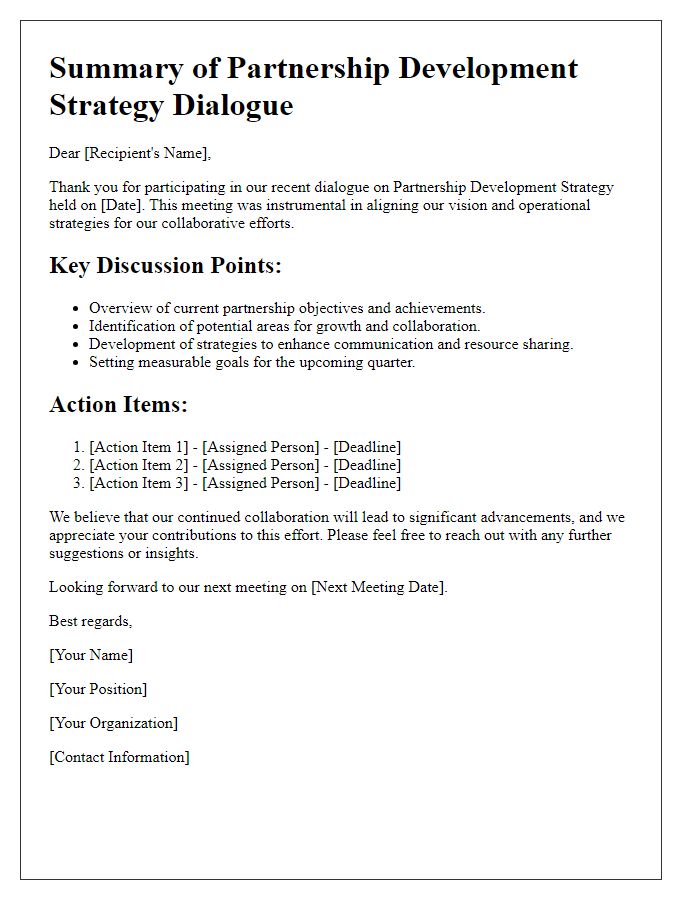 Letter template of summary for partnership development strategy dialogue.