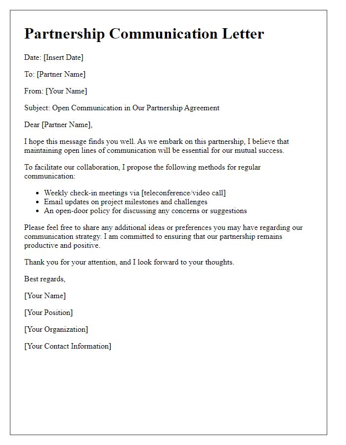 Letter template of open communication in partnership agreements