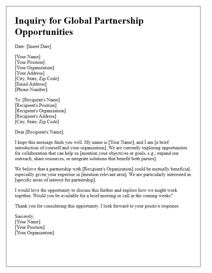 Letter template of inquiry for global partnership opportunities