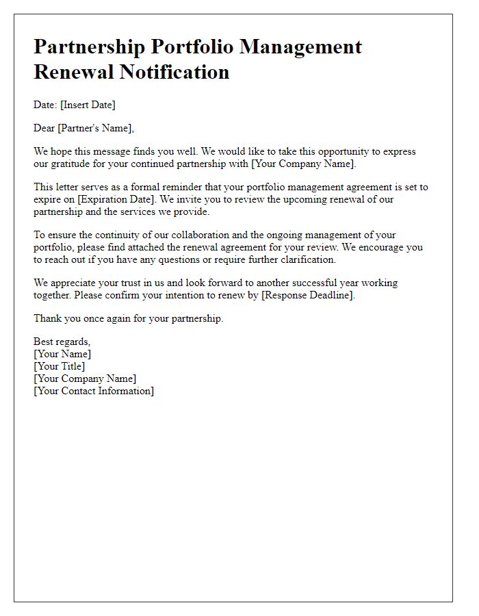 Letter template of partnership portfolio management renewal notification