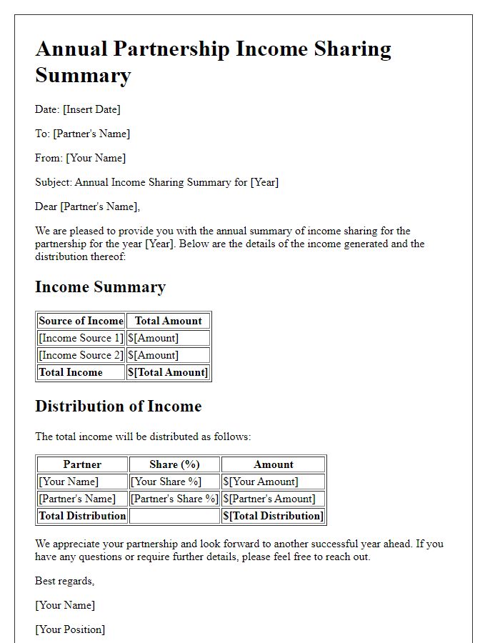 Letter template of annual partnership income sharing summary