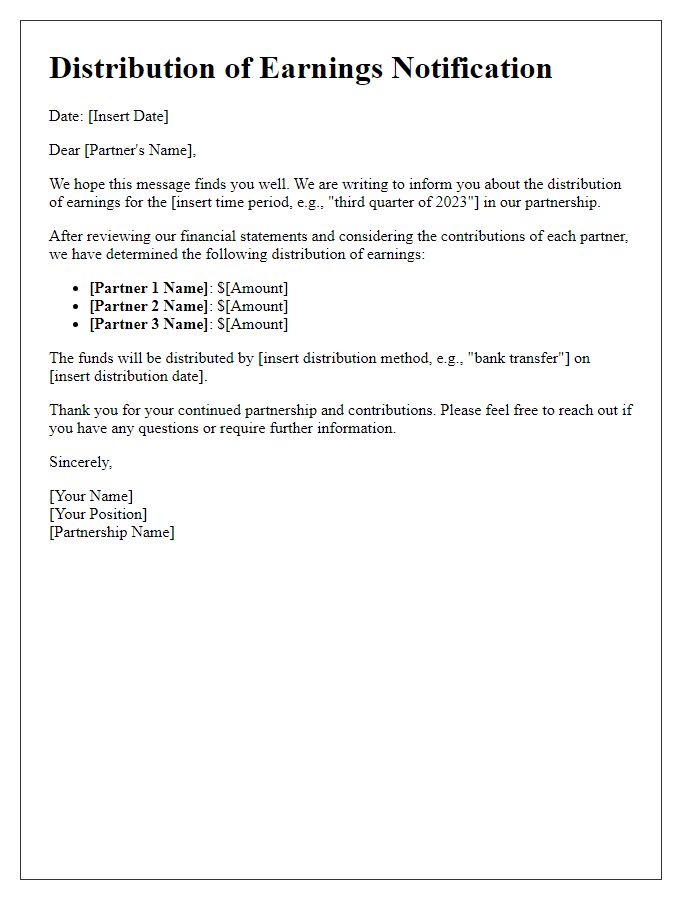 Letter template of distribution of earnings in a partnership