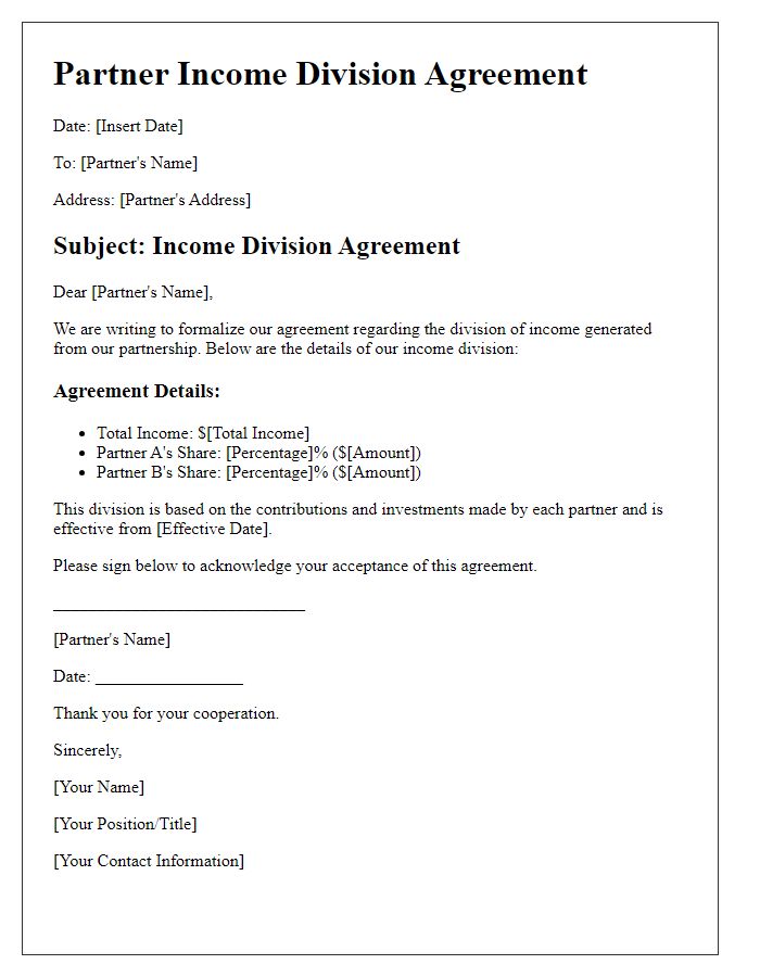 Letter template of partner income division