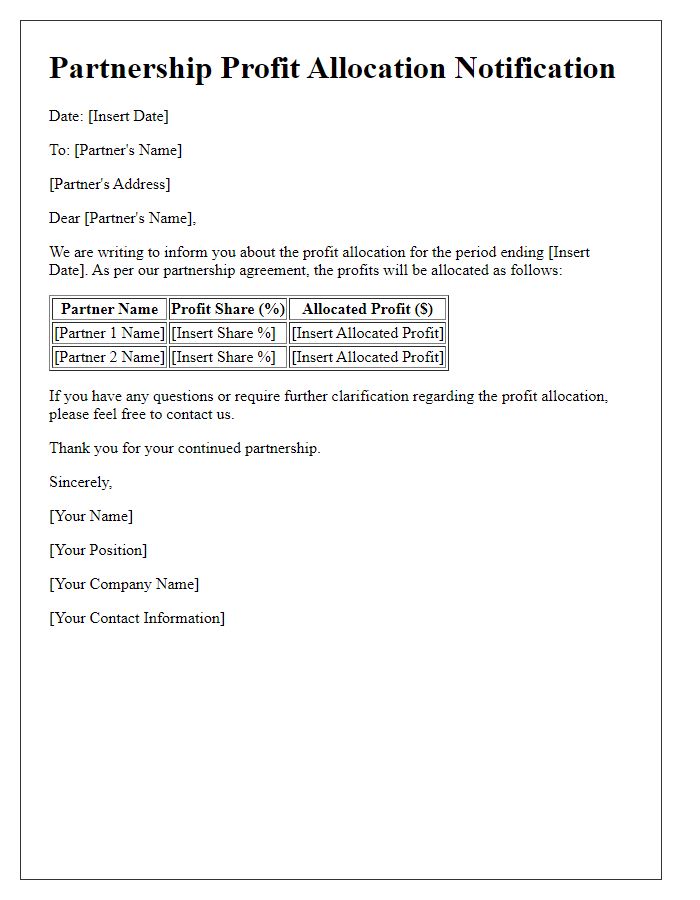 Letter template of partnership profit allocation notification