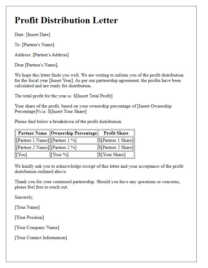 Letter template of profit distribution among partners