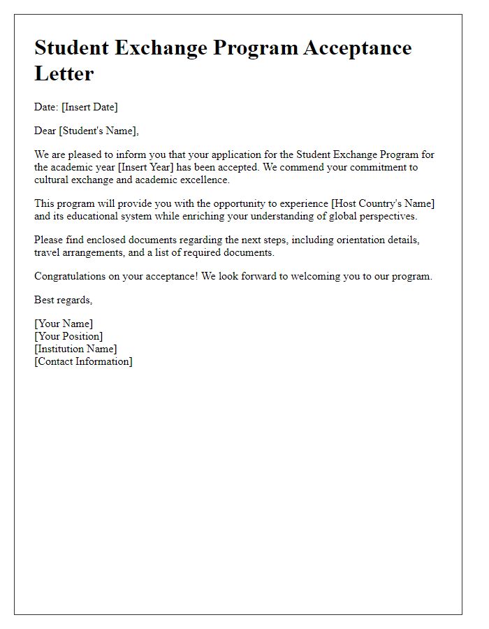 Letter template of student exchange program acceptance.