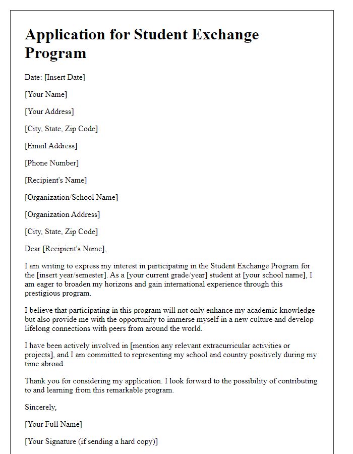 Letter template of student exchange program application.