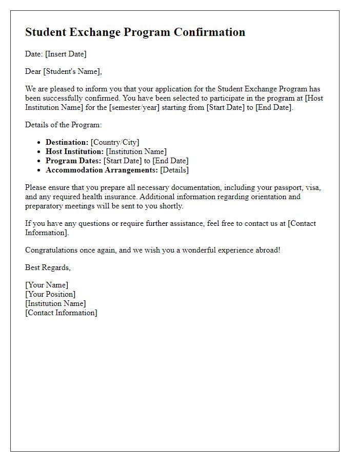 Letter template of student exchange program confirmation.