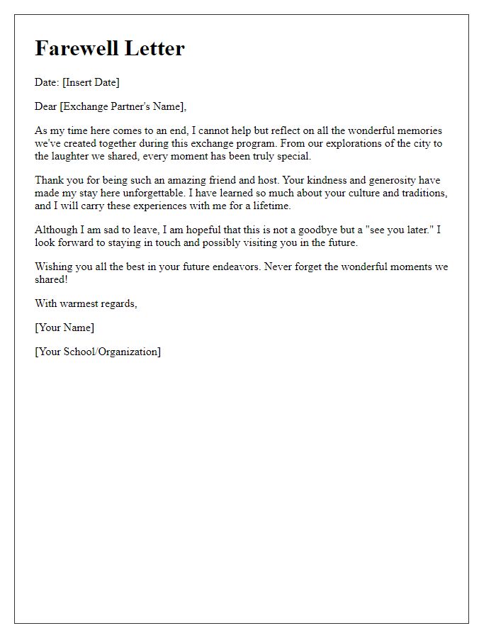 Letter template of student exchange program farewell.