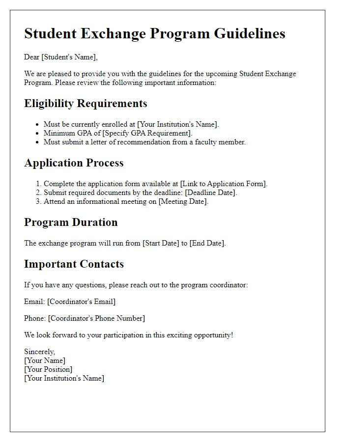 Letter template of student exchange program guidelines.