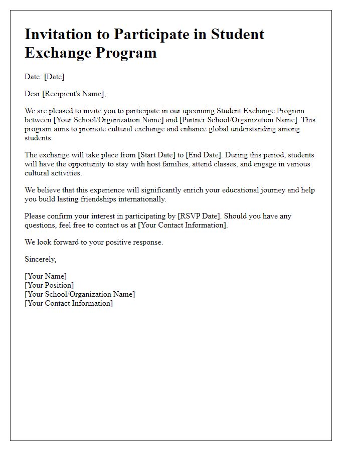 Letter template of student exchange program invitation.