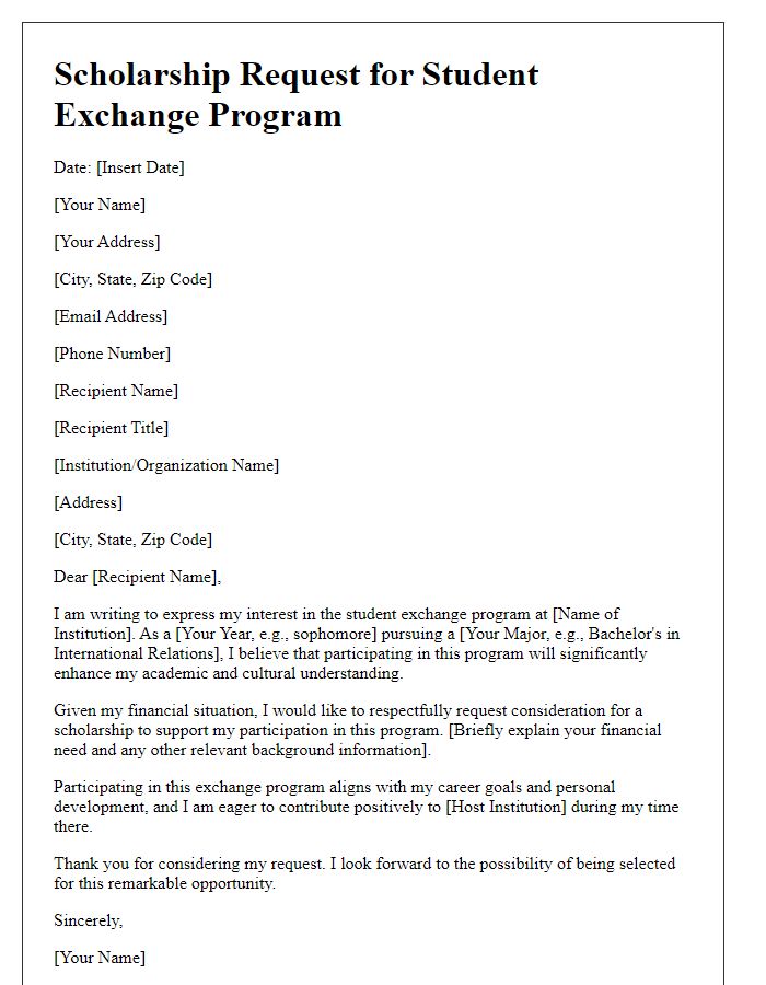 Letter template of student exchange program scholarship request.